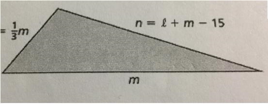 The triangle has a perimeter of 65 feet. What are the lengths of sides l,m, and n-example-1