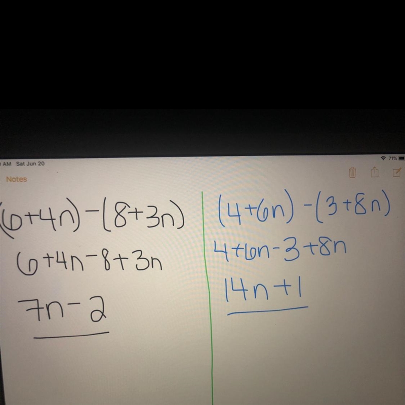 Find the missing expressions... (6+4n) - (8+3n) =? And (4+6n) - (3+8n)=?-example-1