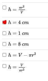 The formula for the volume V of a cylinder is , where r is the radius of the base-example-1