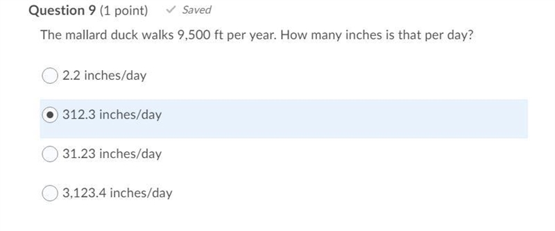 Question 5 (1 point) The mallard duck walks 9,500 ft per year. How many inches is-example-1