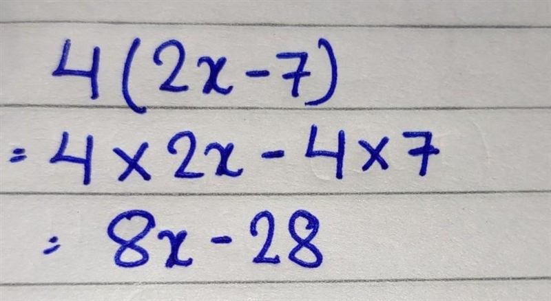 Simplify the expression: 4(2x-7) * 6x-7 08x-7 0 2x-28 8x-28-example-1