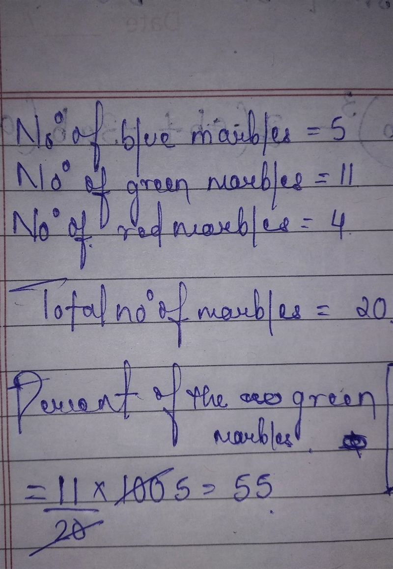 There are 5 blue marbles, 11 green marbles and 4 red marbles in a box. What percent-example-1