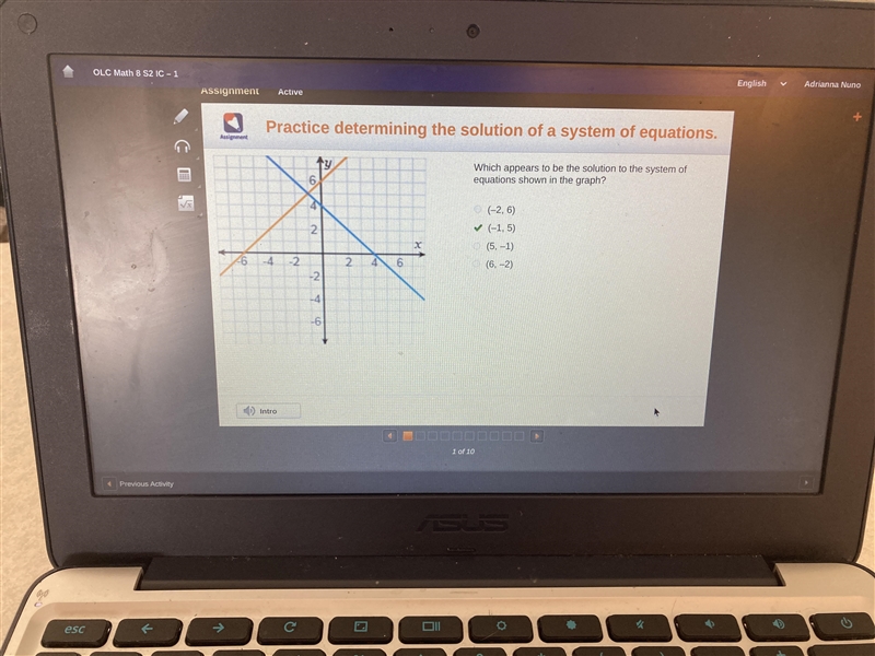 Which appears to be the solution to the system of equations shown in the graph?-example-1