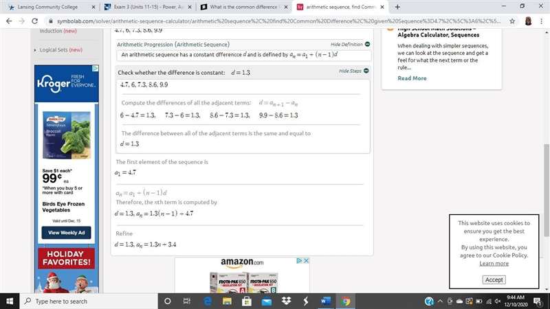 What is the common difference for the arithmetic sequence? 4.7, 6, 7.3, 8.6, 9.9, … please-example-1