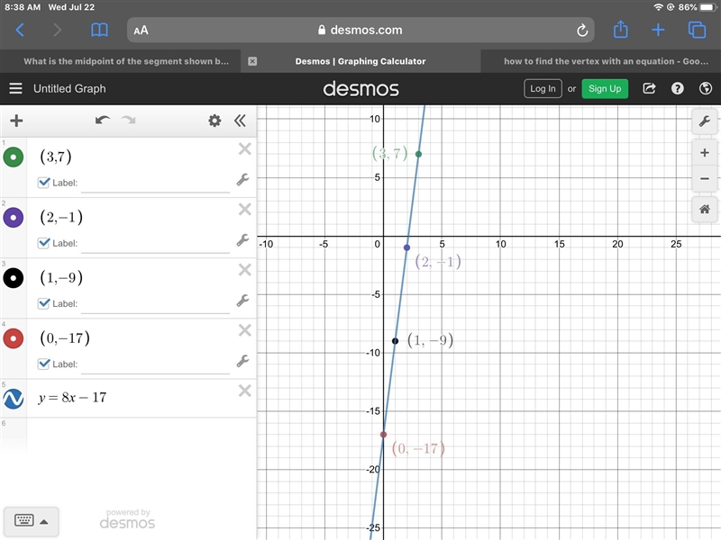 What is the midpoint of the segment shown below? (3, 7) (2, -1)-example-1