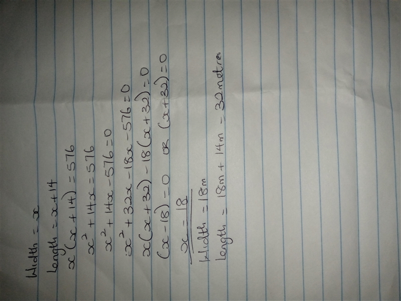 The width of a rectangle is 14 meters less than the length. The area of the rectangle-example-1