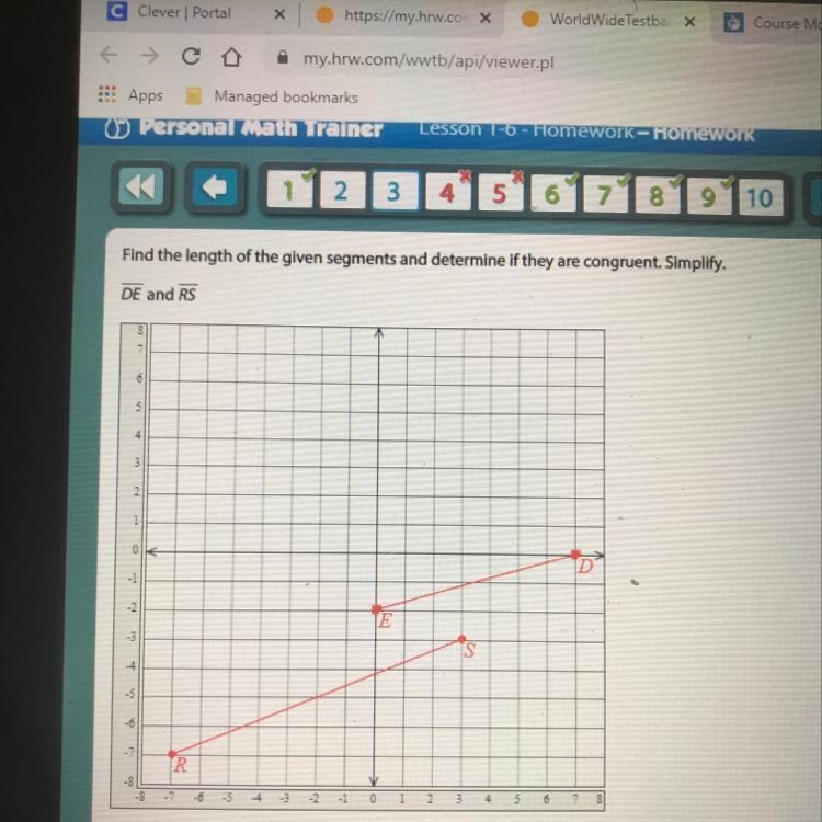 Find the length of the given segments and determine if they are congruent Simplify-example-1