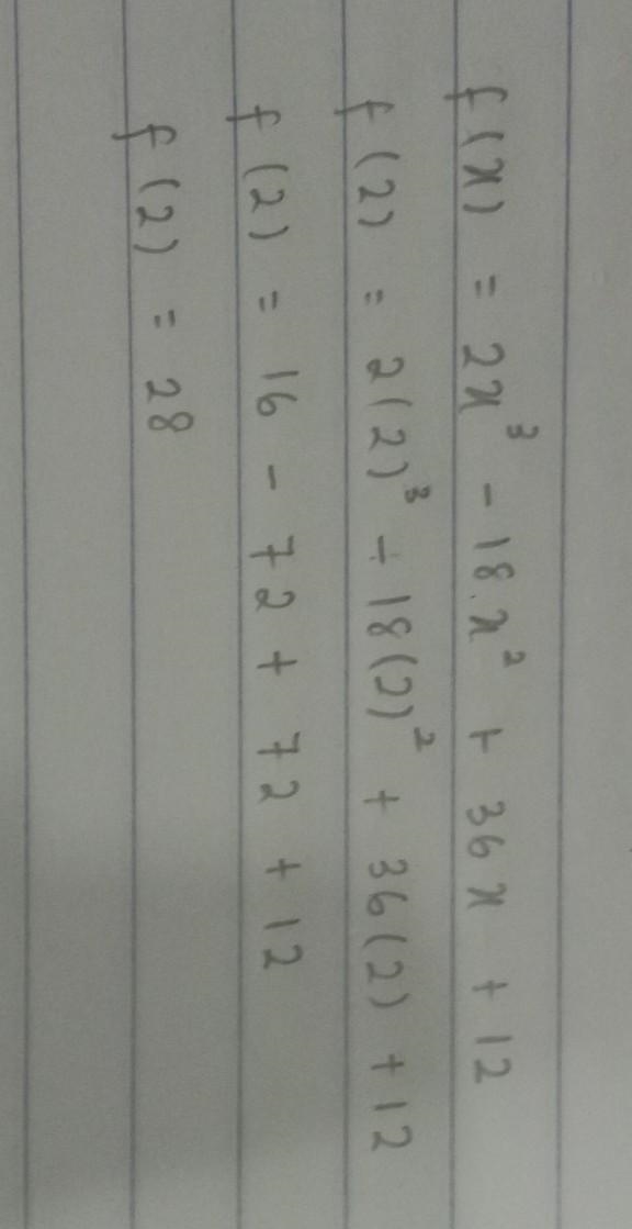 Given the function ƒ(x) = 2x^3 − 18x^2 + 36x + 12, find ƒ(2).-example-1