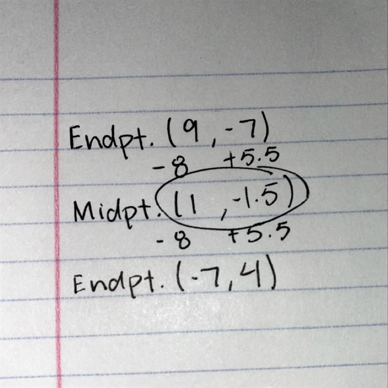 Find the midpoint of the line segment given endpoints (9,-7)(-7,4)-example-1