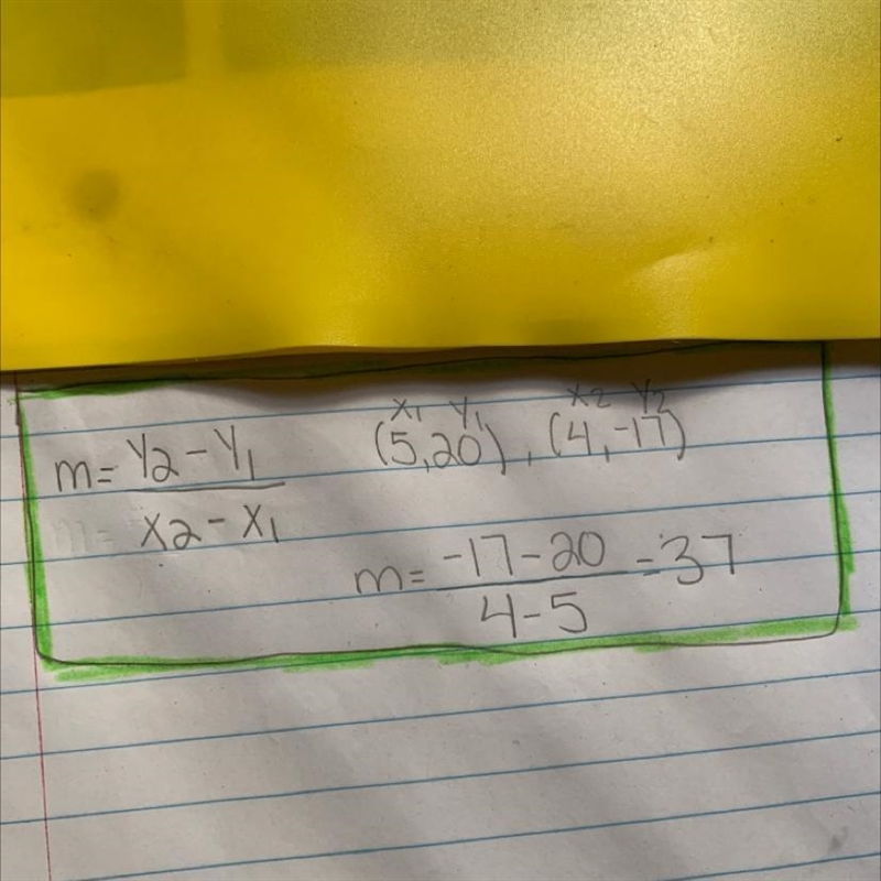 Find the slope of the line through the pair of points: (5, 20) and (4, -17)-example-1