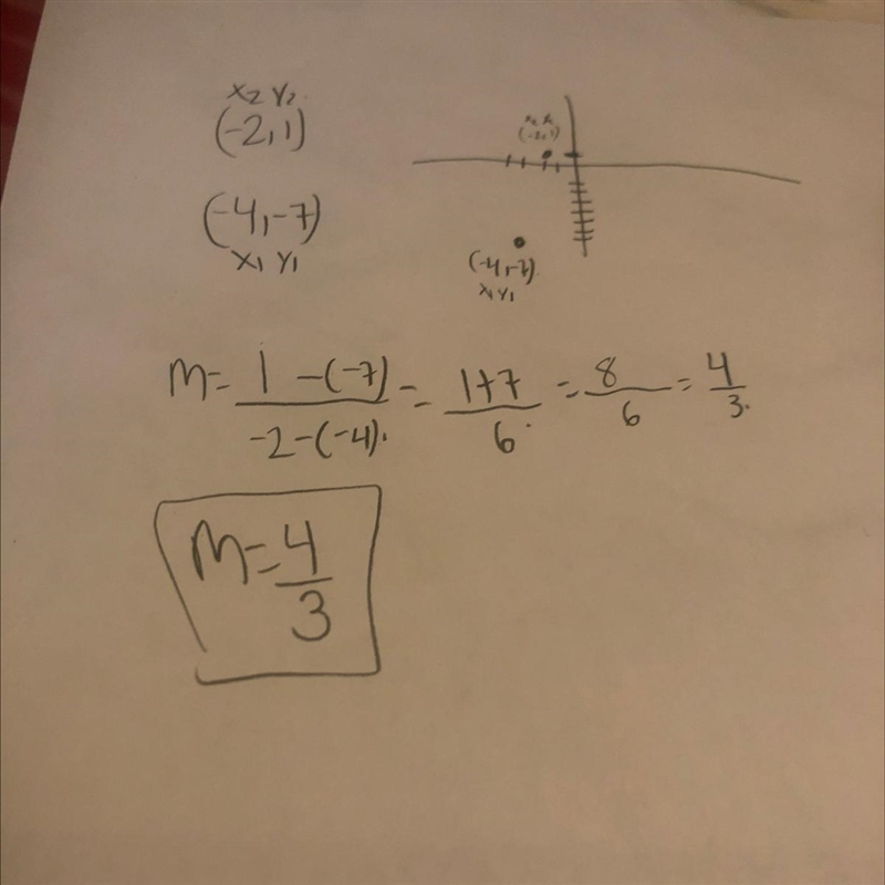 A line passes through the points (–2, 1) and (–4, –7). What is the slope of the line-example-1