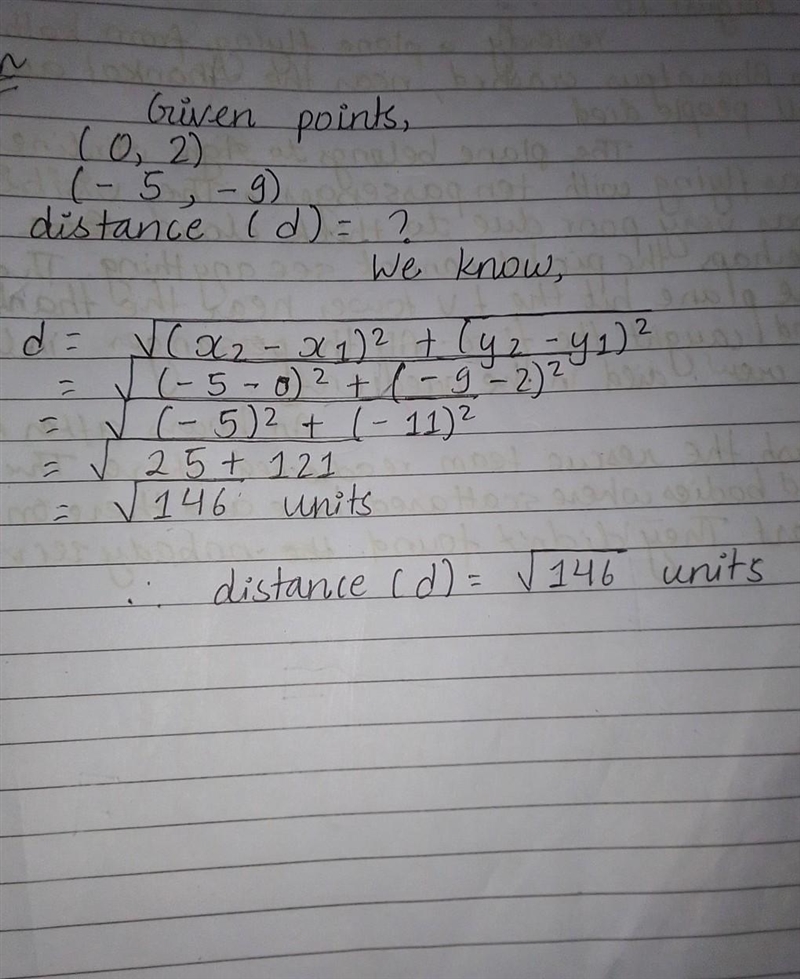 Find the distance between the points (0,2)and (-5,-9)The answer must be a whole number-example-1