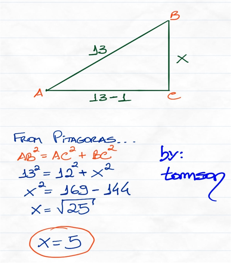 The hypotenuse of right angle triangle is 13cm. If one of the other side of the triangle-example-1