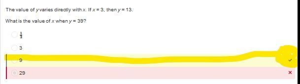 The value of y varies directly with x. If x = 3, then y = 13. What is the value of-example-1