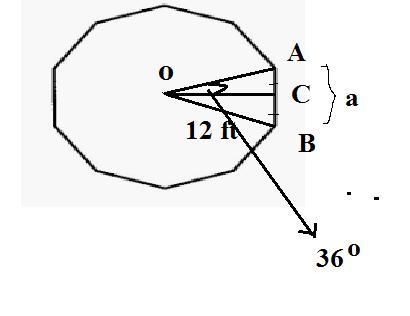 Patrick is building a patio in the shape of a decagon with a radius of 12 feet. To-example-1