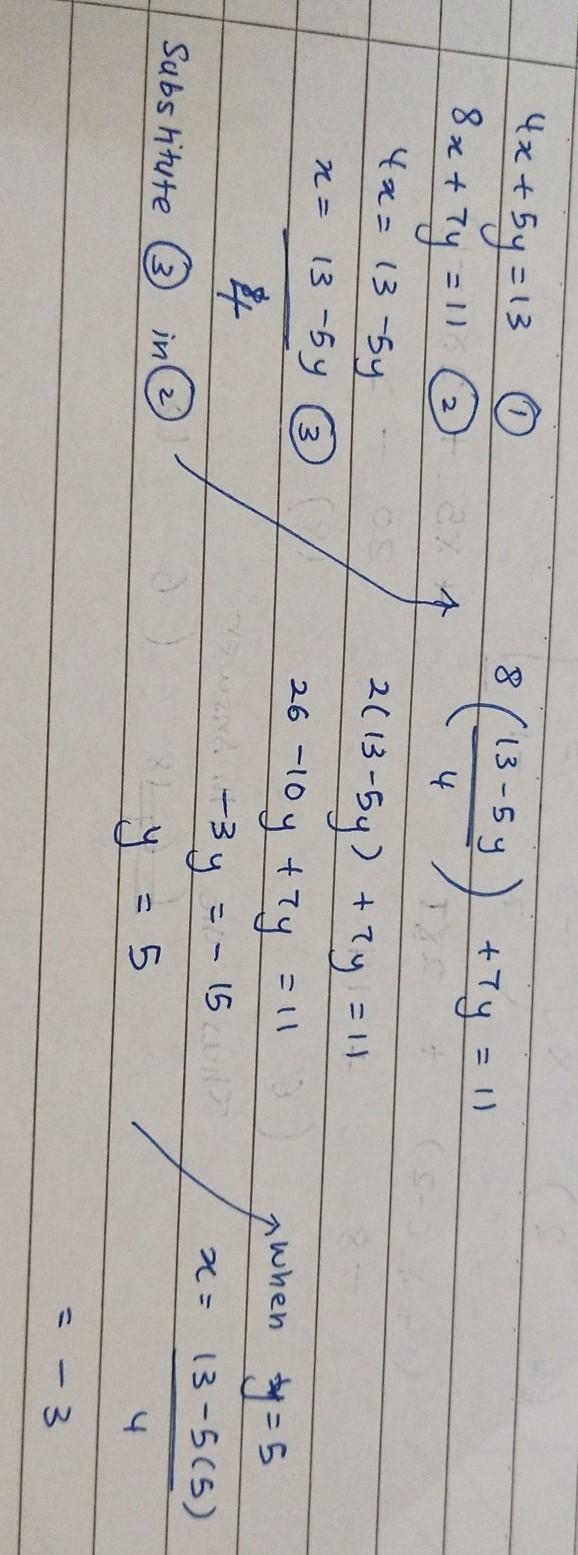 Solution of the system of equations. 4x + 5y = 13 W 8x + 7y = 11-example-1