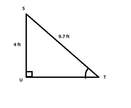 In ΔSTU, the measure of ∠U=90°, ST = 9.7 feet, and US = 4 feet. Find the measure of-example-1