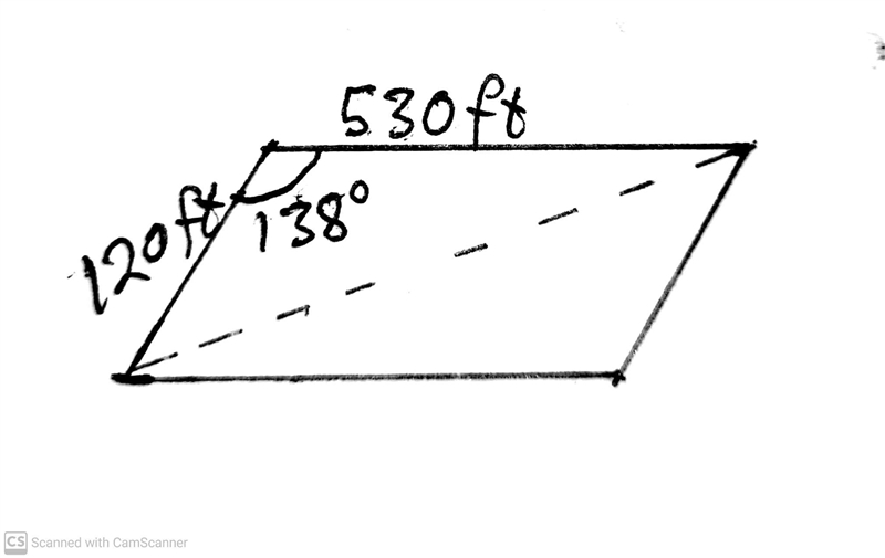 Two sides of a parallelogram are 530 feet and 120 feet. The measure of the angle between-example-1