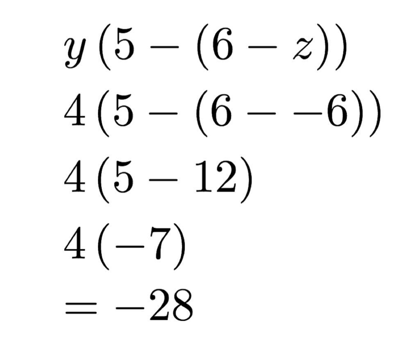 Evaluate y(5- (6-z) ) if y= 4 z= -6-example-1