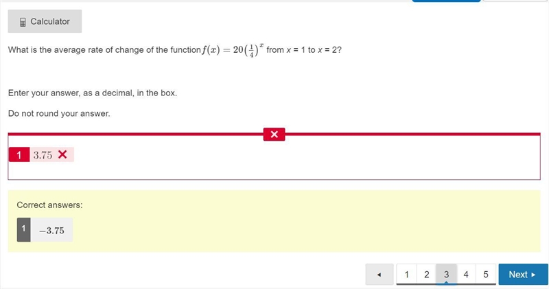 What is the average rate of change of the functionf(x)=20(14)x from x = 1 to x = 2? Enter-example-1