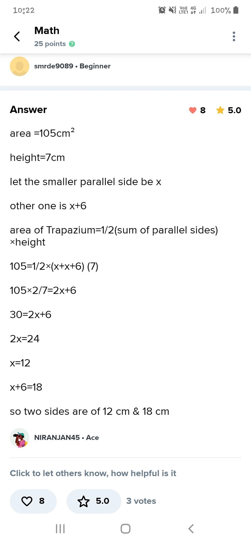 The area of a trapezium is 105cm² and its height is 7 cm. If one of the parallel sides-example-1