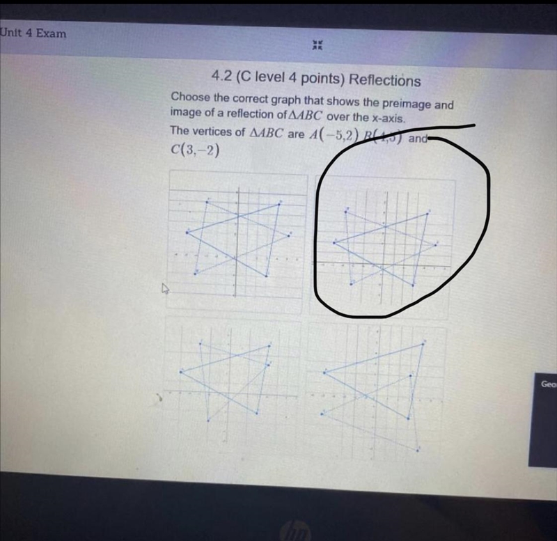 Choose the correct graph that shows the preimage and image of a reflection of AABC-example-1