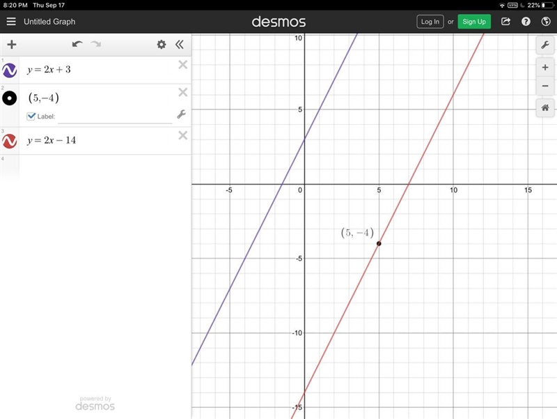 Write an equation for the line that passes through the point (5, -4) and is parallel-example-1