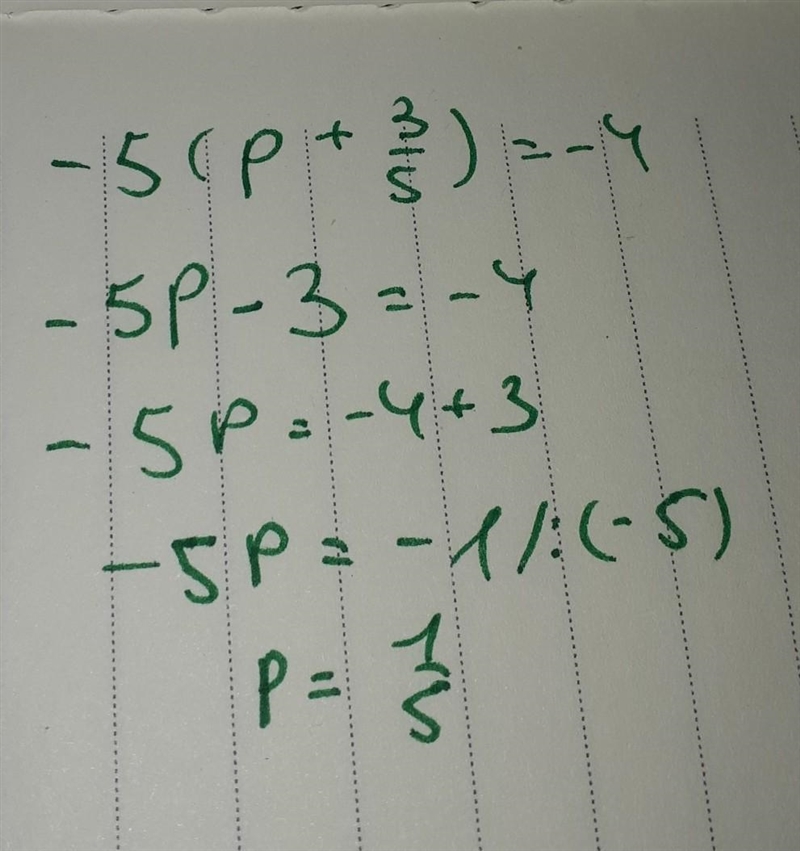 Solve for p -5(p + 3/5) = -4-example-1