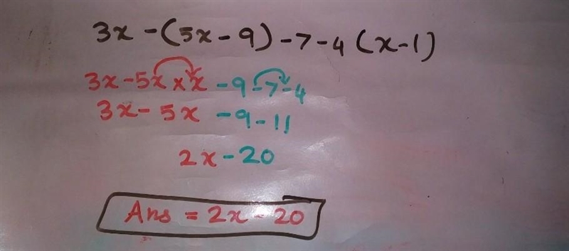 Solve this equation for x: 3x - (5x - 9) - 7- 4(x + 1)​-example-1