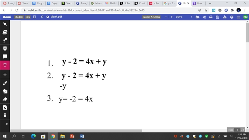 Solve for y. y - 2 = 4x + y-example-1