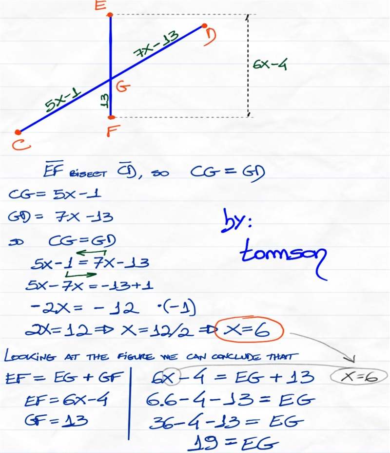 14. If EF bisects CD, CG = 5x - 1, GD = 7x - 13, EF = 6x - 4, and GF = 13, find EG-example-1