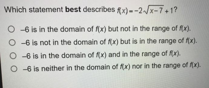 "Which statement best describes ? –6 is in the domain of f(x) but not in the-example-1