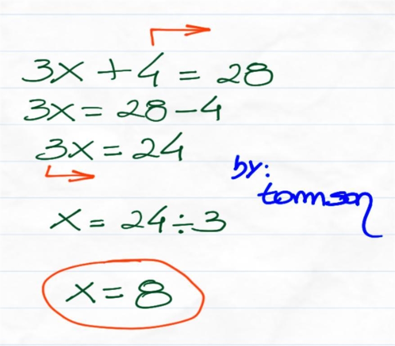 If 3 times a certain number is increased by 4 the result is 28. What is the number-example-1