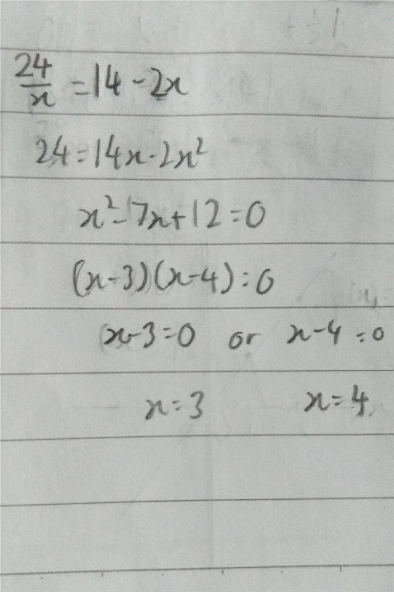 The quotient of 24 and x equals 14 minus 2 times x. Write the following in an equation-example-1