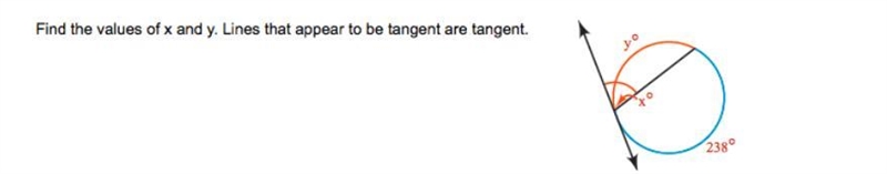 Find the values of x and y. lines that appear to be tangent are tangent-example-1