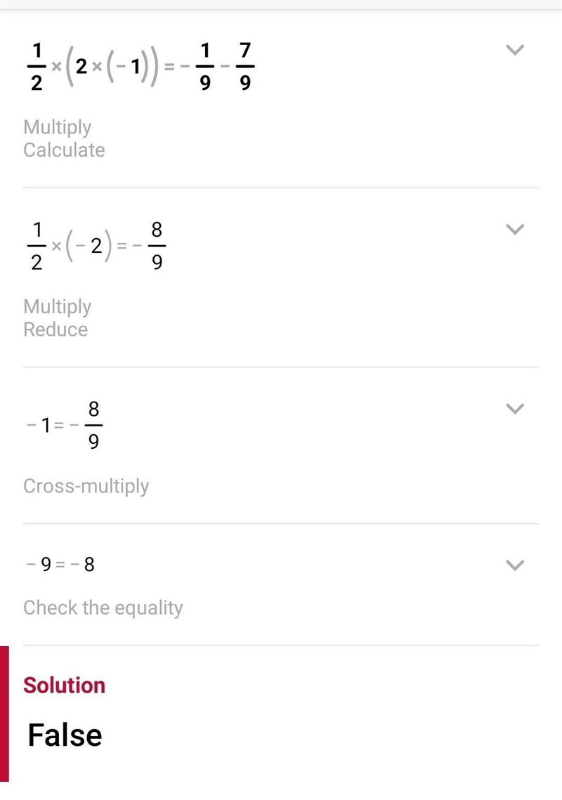 Solve the equation. Check the solution. 1/2(2x-1)= -1/9 -7/9-example-1