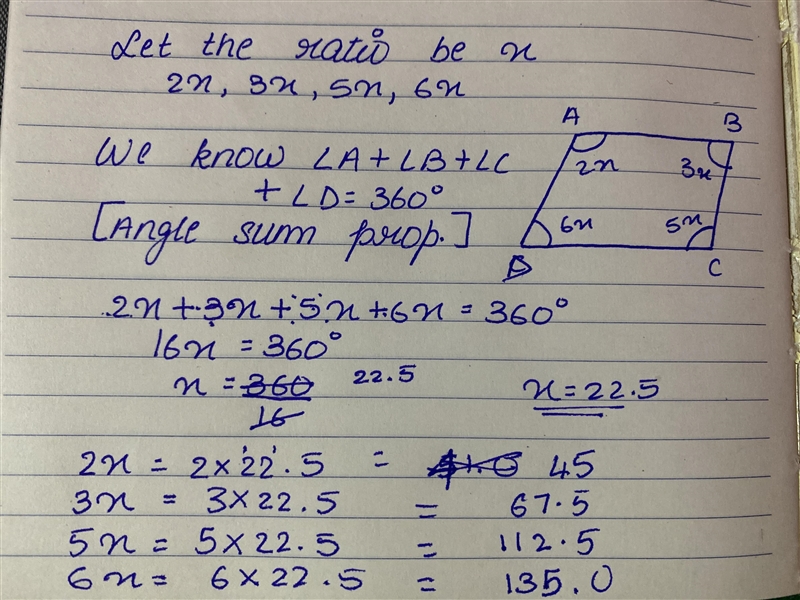 2. The angles of a quadrilateral are in the ratio 2:3:5:6. Find the side of each of-example-1