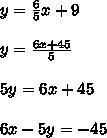 What is y= 6/5x +9 in standard form-example-1