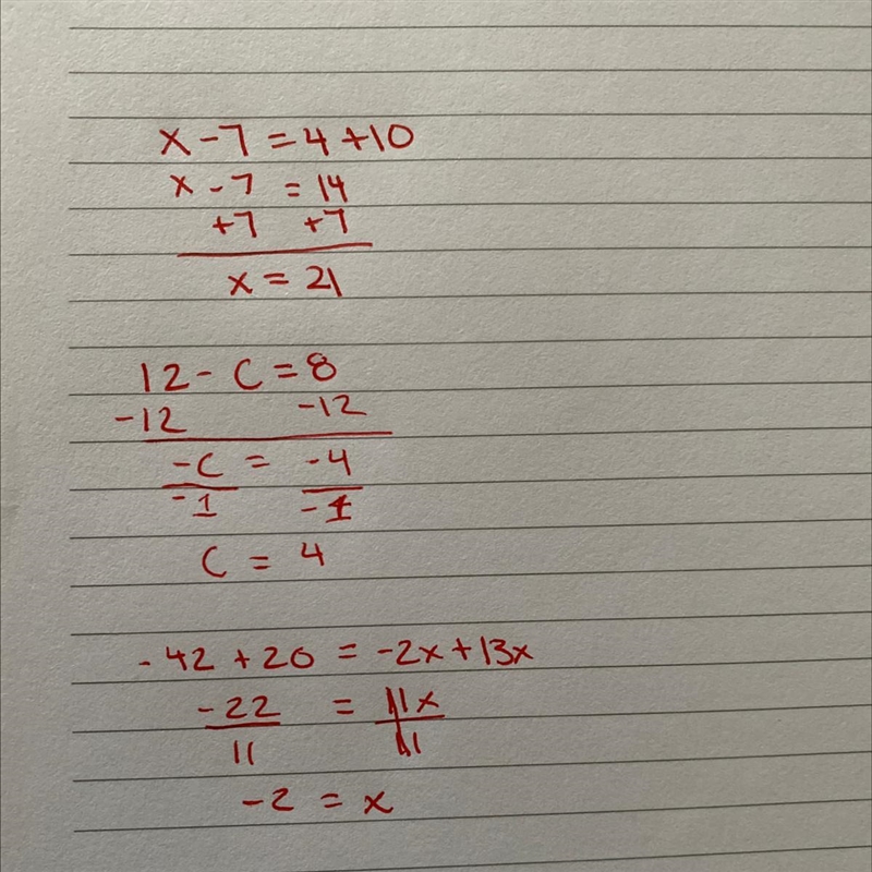 Evaluate and solve for the variable and show your work please. x – 7 = 4 + 10 12 – c-example-1