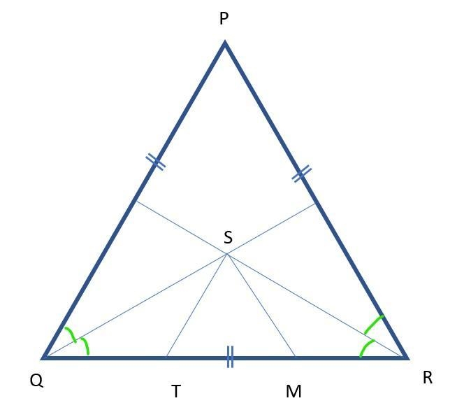 The bisector of the base angles Q and R of an equilateral triangle PQR meet at S. ST-example-1