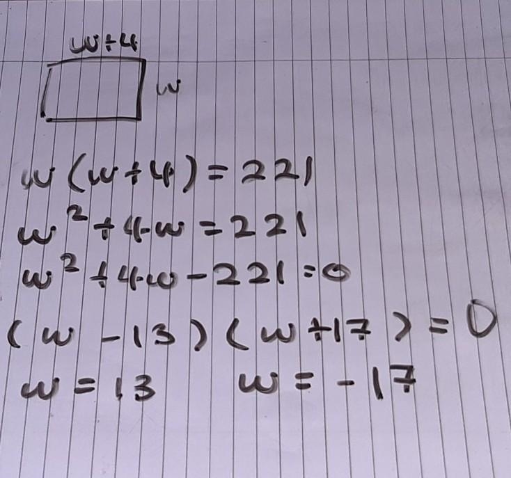 The area of a rectangle is 221 square meters. If the length of the rectangle is 4m-example-1