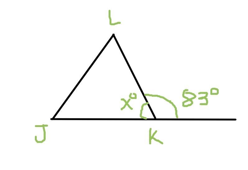 What is the measure of Angle J K L? Triangle J K L . The exterior angle to angle K-example-1