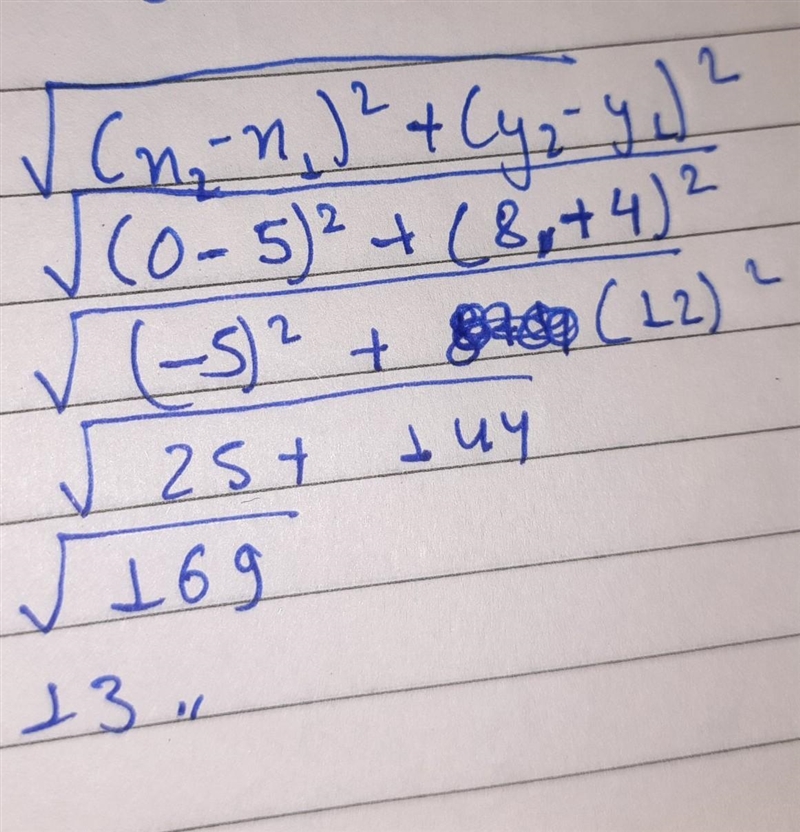 Use the Distance Formula to find the distance between (5, −4) and (0, 8).-example-1