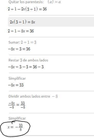 Evaluate this expression: 36=(2+1)-2x(3+1)-example-1