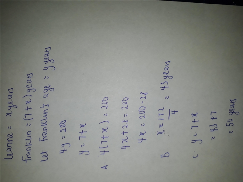 (Score for Question 2: ___ of 4 points) 2. Leanne is x years old. Franklin is 7 years-example-1