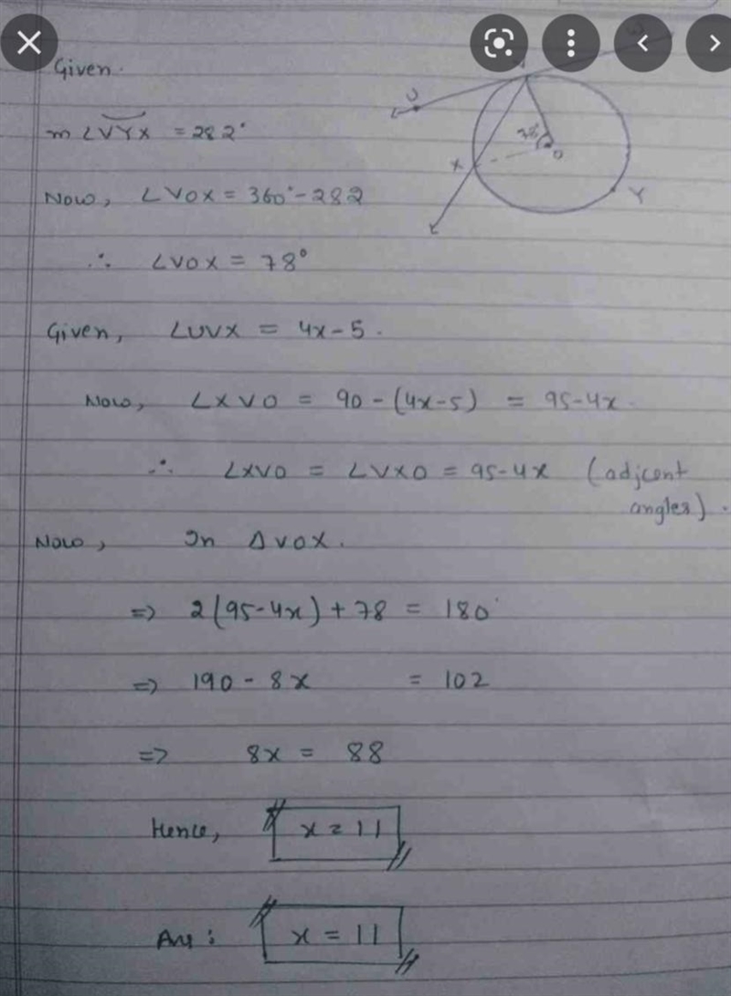 25. If mVYX = 276° and m angle UVX = (4x - 5), find the value of x. Can someone help-example-1