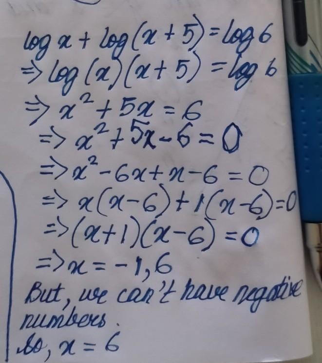 Log x + Log(x+5) = log 6-example-1