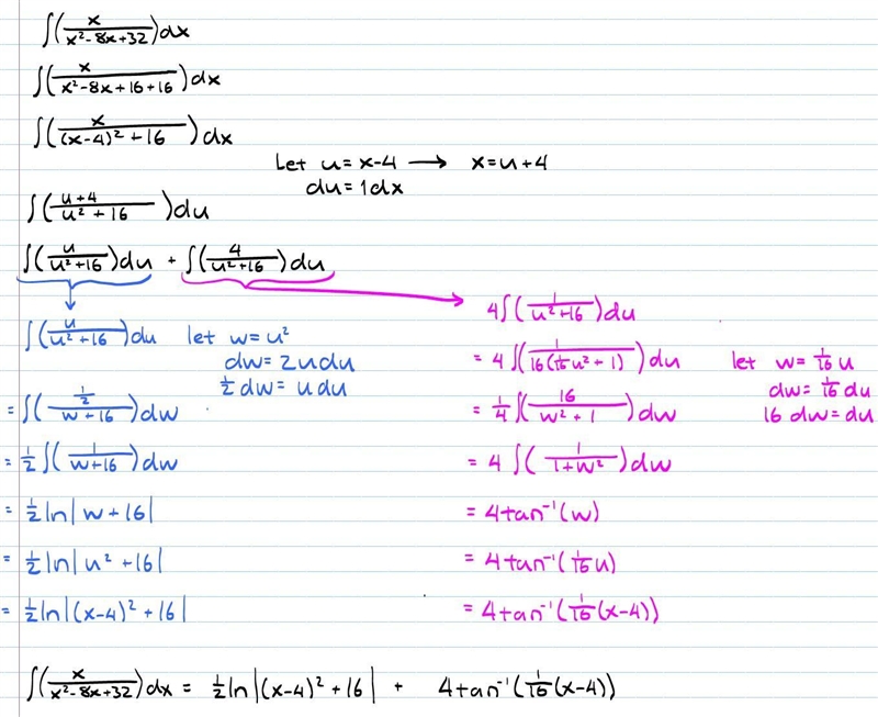 Pls help solve integral w steps \int\limits (x)/(x^2-8x+32) dx-example-1