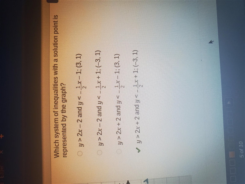 Which system of inequalities with a solution point is represented by the graph? y-example-1