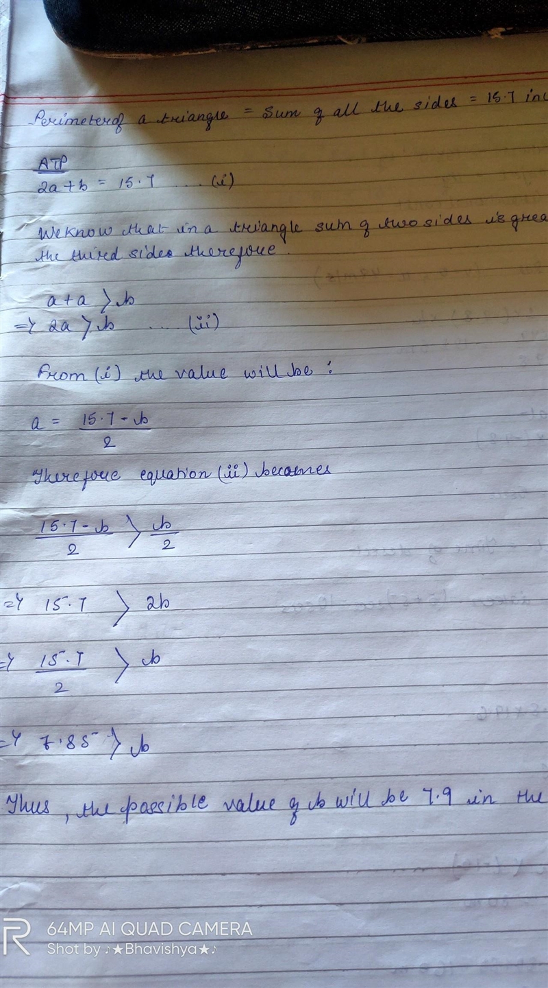 An isosceles triangle has two sides of equal length, a, and a base, b. The perimeter-example-1